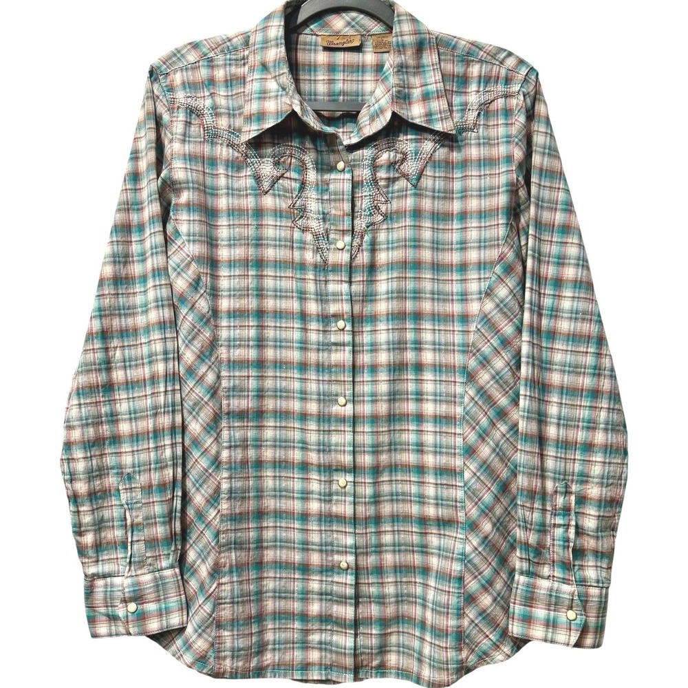 Wrangler Pearl Button‎ Pink Teal Metallic Thread Plaid Western Rodeo Shirt L